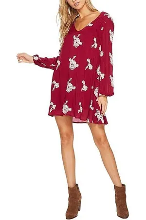 FREE PEOPLE Emma Embroidered Mini Swing Open Back Dress Boho in Magenta Size S thumbnail 1