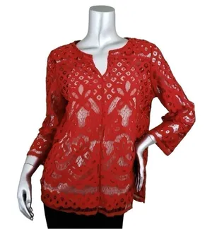 Zac & Rachel Red Floral Lace Cutout Split Neck Cami Lined Boho Tunic Blouse Sz S thumbnail 1
