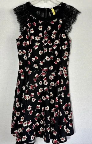 Miss Me Floral Dress M Black Lace Lacy Sleeves A Line Lined thumbnail 1