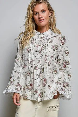 POL Floral Lace Trim Pintuck Button-Down Shirt - Ivory - Large thumbnail 1