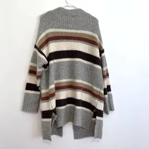 A NEW DAY Striped Open Front Cardigan Gray Cream Tan Brown Long Heavy Sweater M thumbnail 13