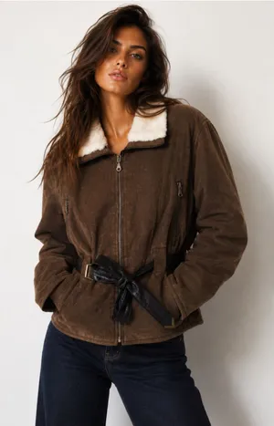 OutBrook M Brown Genuine Leather Shearling Collar Belted Aviator Moto Jacket Y2K thumbnail 1