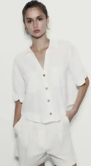 ZARA White Linen Blend Crop Button Up Shirt Boxy Minimalist Bohemian SZ L #1675 thumbnail 1