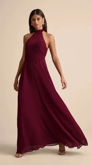 Lulu’s Cammie Burgundy Halter Neck Ruched Maxi Dress thumbnail 1
