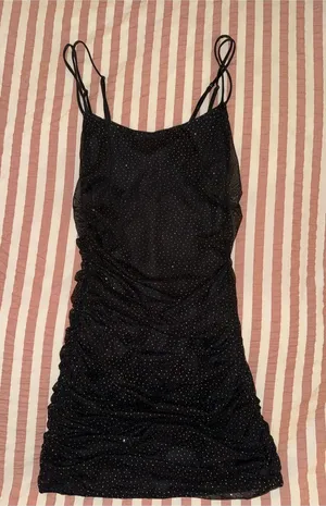 Women's Black Ruched Slip Dress with Subtle Sparkle thumbnail 1
