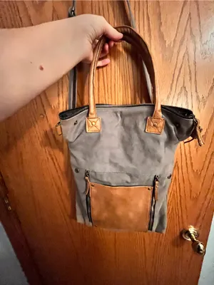 Mona B Gray Canvas Shoulder Bag with Brown Leather Handles thumbnail 2