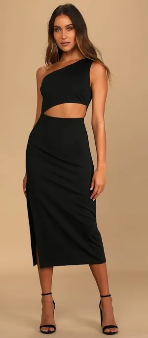 NWT Lulus Power to Wow Black One-Shoulder Cutout Midi Dress Party Night Out XS thumbnail 1