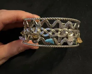 Silver tone cuff bracelet with dangle crystals chakra thumbnail 1