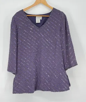 Vintage Adrianna Papell Studio Beaded Embellished Purple Silk Long Sleeve Top M‎ thumbnail 1