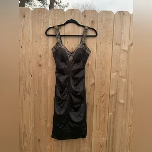 CACHE 2 Black Gold Cocktail Party Body con Dress‎ Stretch Satin Embroidered thumbnail 2