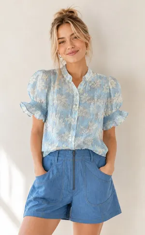 Blue floral blouse with white floral print Large thumbnail 1