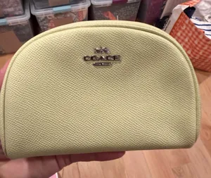 Coach Light Yellow Leather Cosmetic Pouch with Silver Logo thumbnail 1