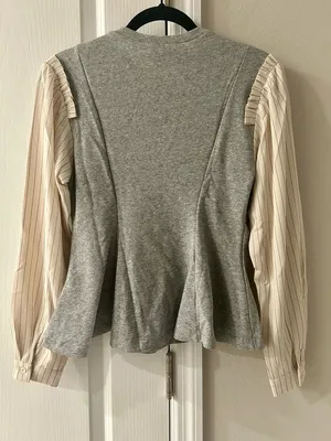 Dance & Marvel Heather Gray Sweatshirt Top with Cream Pinstripe Sleeves thumbnail 3