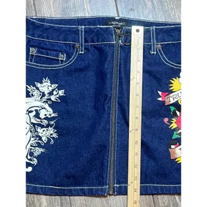 Ed Hardy Denim Mini Skirt Y2K Panther Rose Tattoo Blue Size Large Full Zip Retro thumbnail 7