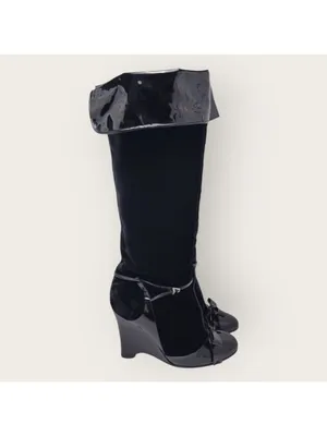 Laurence Dacade Velvet Patent Leather Bow Knee High Wedge Heels Boot Size 38 thumbnail 12