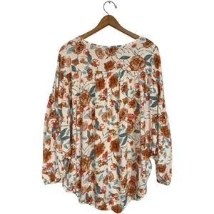Hayden Los Angeles Floral Tassel Peasant‎ Blouse Rust Teal Boho Oversized Large thumbnail 3
