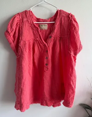 We The Free People Coral Pink Gauze Cotton Henley Boho Top Medium 4240 thumbnail 1