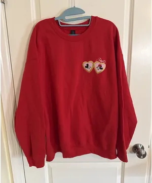 Red Mickey & Minnie Mouse Sweetheart Locket Embroidered Crew Neck Sweatshirt XL thumbnail 1