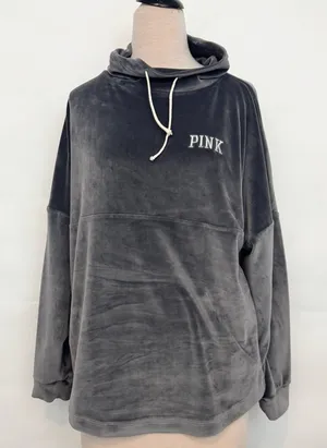 Victoria's Secret Pink Varsity Velour Cowl Neck Sweatshirt Color Gray Shine med thumbnail 1