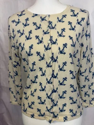 Garnet Hill Cream and Navy Anchor Button-Front Top thumbnail 5