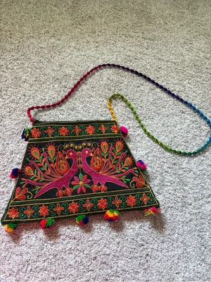 Boho Ethnic traditional Embroidery peacock floral crossbody Bag thumbnail 2