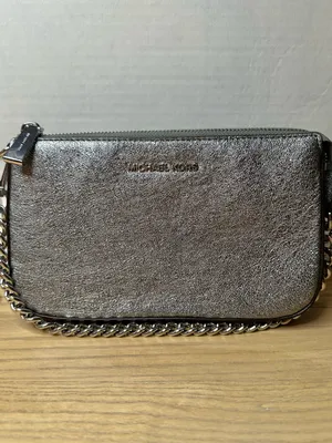 Michael Kors Pouchette Wrislet Gunmetal Metallic Leather Silver Chain Strap thumbnail 11