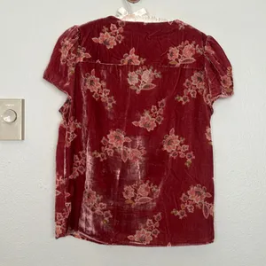 Velvet Burnout Salmon Rose Pink Floral V Neck Blouse Tshirt Top Tee Boho Fairy thumbnail 8