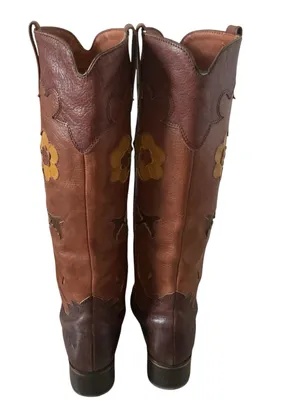 Vtg lucky brand western riding boots prominent yellow floral aplique pull-on thumbnail 3