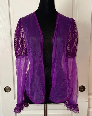 Vtg Purple Sheer Lace Long Sleeve Dainty Cover Up Blouse thumbnail 1