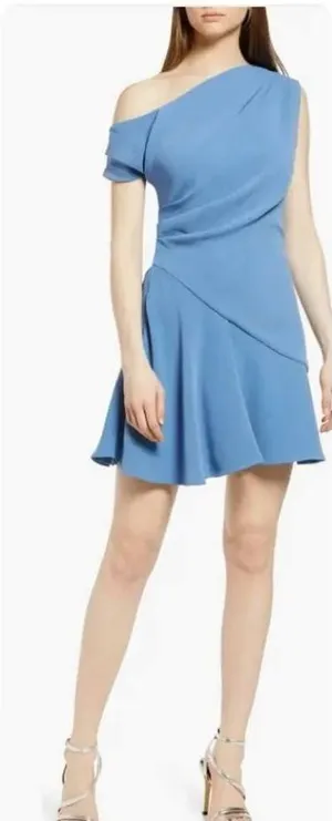 Elliatt Blue Cassini Ruched Wrap Dress M Wedding Guest Party Asymmetric Knit thumbnail 1