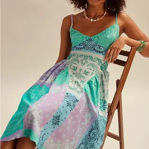 Free People Teal, Lavender, Mint Patchwork Midi Dress thumbnail 1