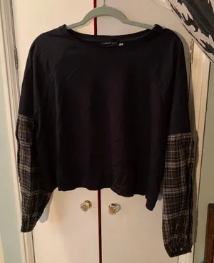 Navy Top with Plaid Sleeves thumbnail 1