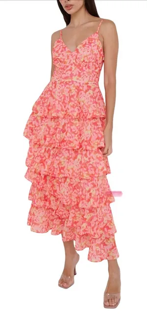 Amazon Vibrant Pink Floral Tiered Midi Dress thumbnail 1