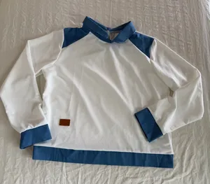 NEW Women's White with Blue Denim Style Trim Peter Pan Collar Size L #260464 thumbnail 1
