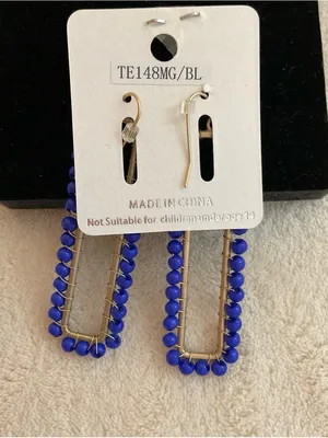 Royal Blue Beaded Rectangle Hoop Earrings thumbnail 4