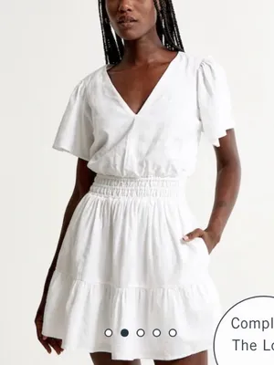 Abercrombie & Fitch White V-Neck Linen Smocked Waist Tiered Mini Dress thumbnail 1