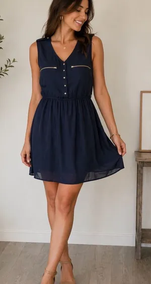 Ya Los Angeles Navy Sleeveless V-Neck Mini Dress with Gold Zipper Accents thumbnail 1