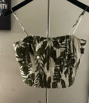 Abercrombie & Fitch Olive and White Tropical Smocked Crop Cami thumbnail 1