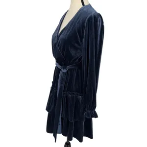 Baltic Born Navy Blue Velvet Faux Wrap Tiered Mini Dress Long Sleeve Size M thumbnail 3