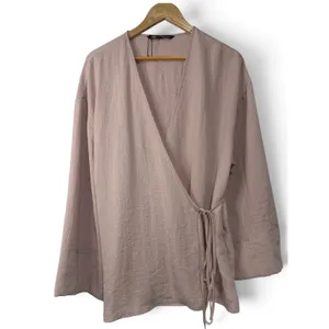 Zara Women Blush Pink Linen Blend Wrap Top Long Sleeve Kimono Style NWOT Medium thumbnail 3