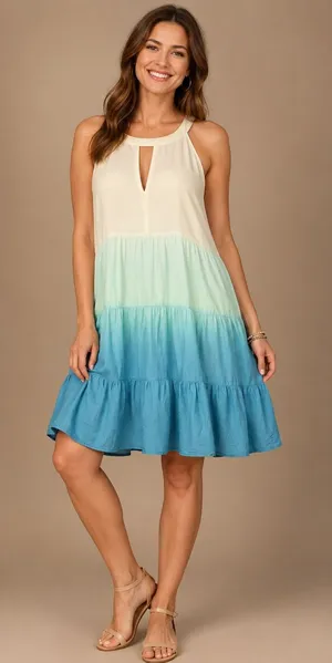 Umgee Ombre Tiered Swing Dress Blue Green Sleeveless Beachy Boho‎ Size S thumbnail 1