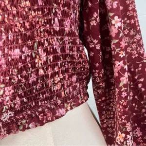 Altar’d State Vaella Smocked Floral Top in Burgundy Long Sleeve‎ Cropped medium thumbnail 6