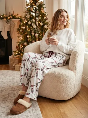 Old Navy White Nutcracker Print Lounge Pajama Pants with Burgundy Drawstring thumbnail 1