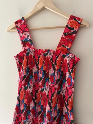 SNDYS Revolve Red Floral Smocked Midi Dress Bodycon Square Neck Ruffle thumbnail 3