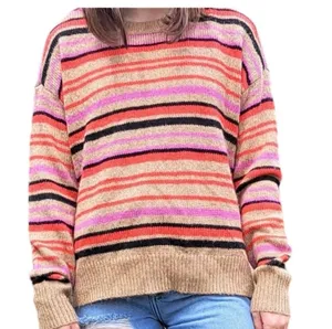 Lucky Multicolored Striped Tan Sweater Pink Red XL Relaxed Fit Oversized thumbnail 1