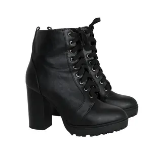 SODA Black Faux Leather Combat Boot Lace Up Ankle Heel Booties Size 8 thumbnail 3