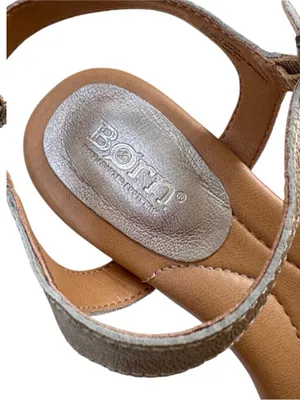 EUC Born Leather Shonie Heeled Sandals Gold Size 8 Retail $130.00 thumbnail 3