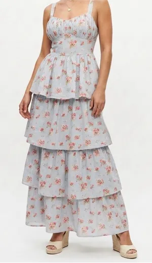 Abercrombie and Fitch Tiered Maxi Dress Lace Up Blue Floral Medium TALL thumbnail 1