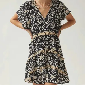 By Anthropologie Women’s Robin Mini Tiered Ruffle Dress in Black Motif Print XXS thumbnail 1