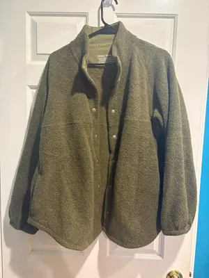 Outdoor Voices MegaFleece wool blend Snap Jacket olive green sz L gorpcore thumbnail 2